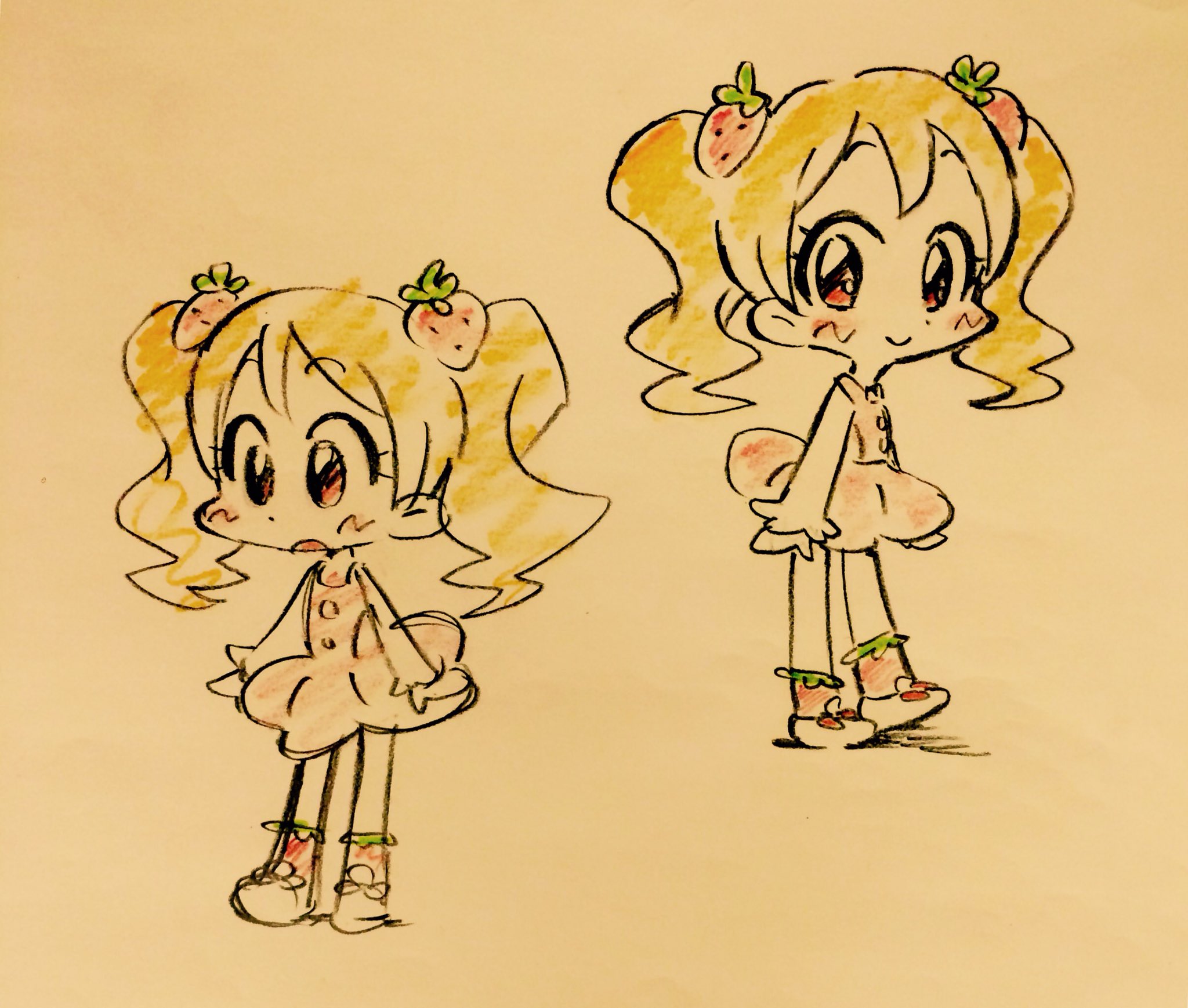 the image is a cartoon sketch of a young girl with blonde hair and pigtails. she is wearing a pink dress, white socks, and red shoes. she has two strawberries in her hair. the background is a light yellow.