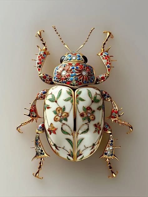 an intricately detailed, golden beetle brooch adorned with colorful enamel and diamonds. the beetle's wings feature a floral design, and its body is adorned with a decorative motif. the brooch is an excellent example of fine craftsmanship, with its intricate detail and luxurious materials. it would be a prized possession for any collector of fine jewelry or art.