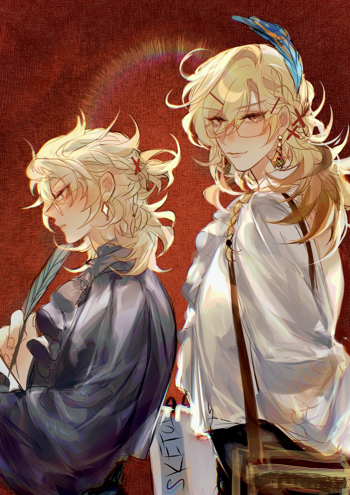 he image shows an illustration of two animestyle female characters. both have long blonde hair, though one is styled in a ponytail and the other has loose, flowing hair with a feather accessory. they wear different outfits, one in a more formal dark colored outfit and the other in a lighter colored blouse and pants.  the character on the left appears to be holding a quill and a notebook, while the other seems to be carrying a bag. the background is a deep red. the overall style is painterly and slightly dreamy. the words "sketch" are visible on a pad of paper.