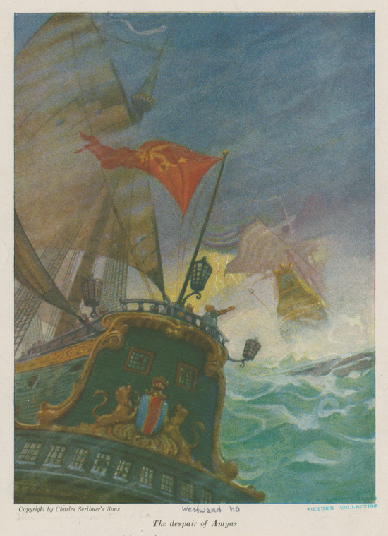 the image is a painting of ships on a stormy sea. a large ship, viewed from its stern, is green and gold with elaborate carvings and lanterns. it flies a red flag with a gold emblem. a man on the deck points out to sea. another ship is visible in the background, partially obscured by waves and mist, appearing to be sinking or heavily damaged. the sea is turbulent with large waves, and the sky is dark with storm clouds. the painting is titled "westward ho! the despair of amyas".