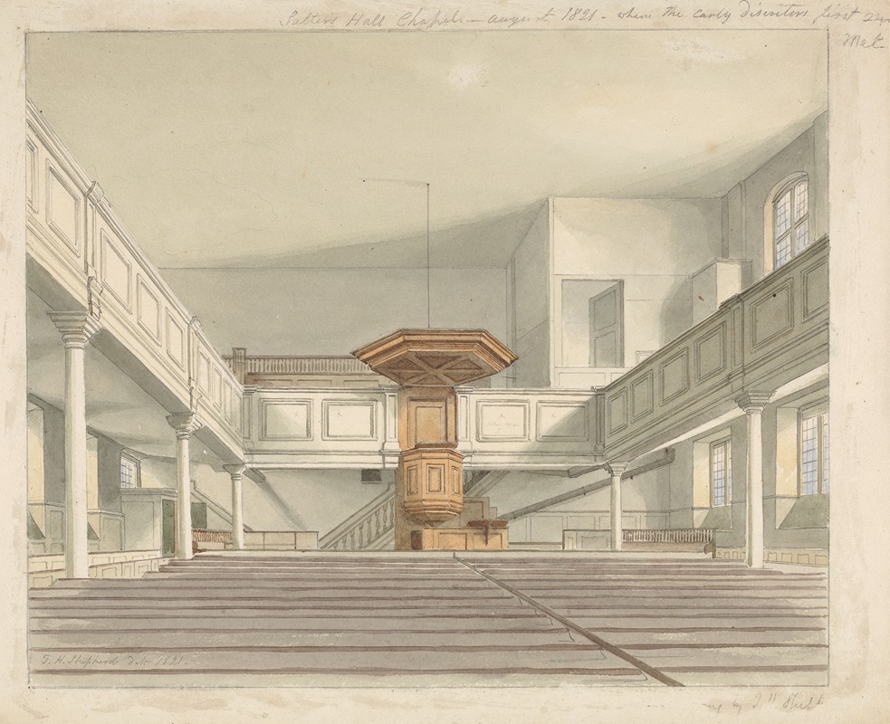 a watercolor painting depicts the interior of a chapel, likely a church. the perspective is from the floor level looking towards the elevated pulpit. the pulpit is centrally positioned and made of dark wood with an octagonal top. rows of wooden pews occupy the foreground and lead toward the pulpit. the architectural features include columns that support balconies on either side of the nave. windows provide light from the sides. the painting's style is indicative of a historical architectural rendering.
