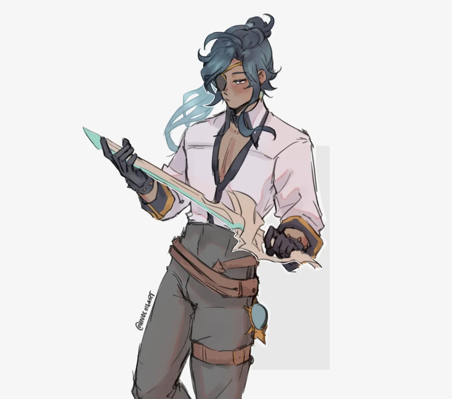 the image is a digital fanart depicting scaramouche from the game genshin impact. the art style is loose and sketchy, with soft shading and light color palettes. scaramouche is portrayed in a semicasual outfit:  a loose, unbuttoned lightcolored shirt over a darker top, brown pants, and a leather belt. he's holding a uniquelooking, lightcolored sword, and an eyepatch covers his left eye. his hair is long and pulled back in a loose bun. the overall feel is relaxed but still maintains the character's distinct features and personality.  the background is plain white. a faint watermark is visible on the lower left of his body.