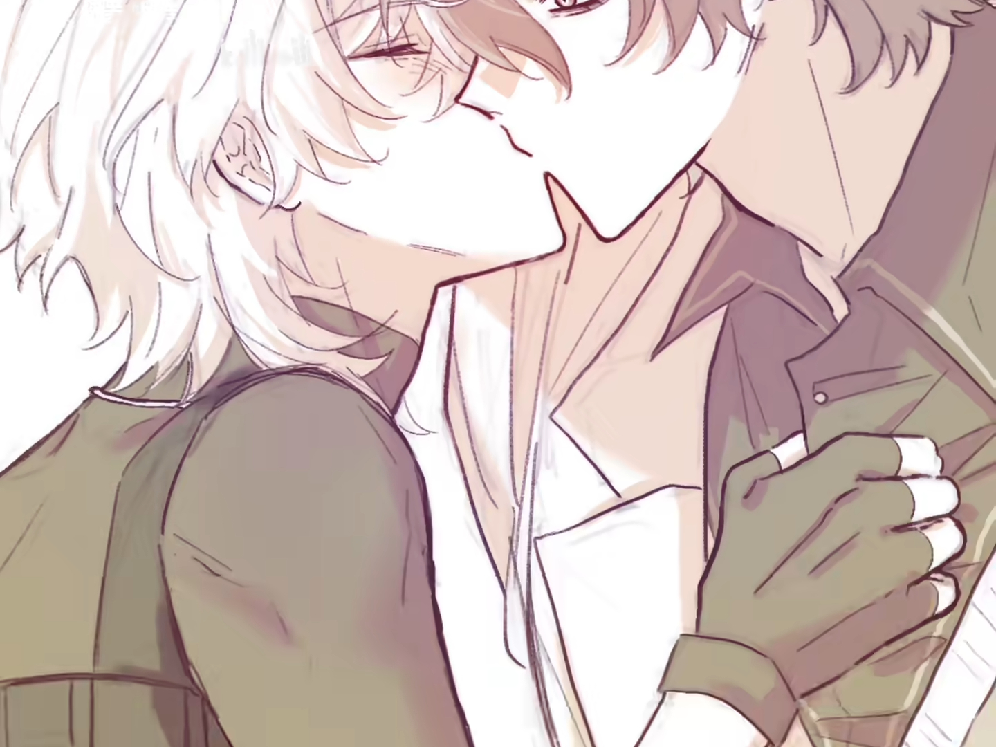 the image shows two male anime characters kissing in a romantic scene. the character on the left has white hair and is wearing a green jacket. the character on the right has brown hair and is wearing a green jacket with gloves, possibly a uniform. the style is cartoonish and intimate, with a focus on their faces as they kiss.