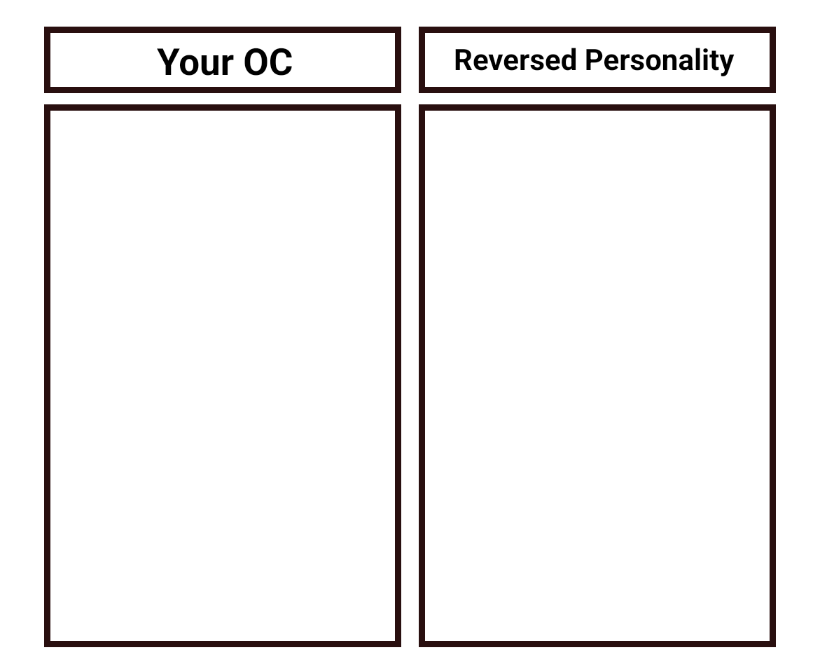 the image is a meme template with two rectangular boxes labeled "your oc" and "reversed personality". the boxes are intended for inserting drawings or images to illustrate a character and the same character with a completely opposite personality.