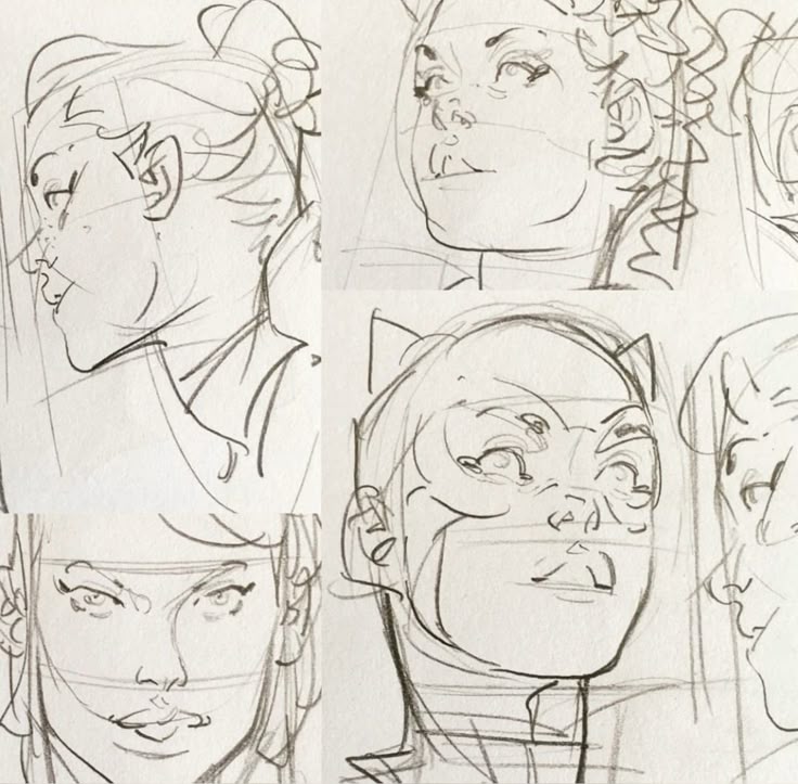 the image shows a collection of pencil sketches of various women's heads and faces. the drawings are in a cartoon style, each capturing different expressions, hairstyles, and angles of the faces. one portrait includes feline ears. the collection is presented as a study or practice sheet.