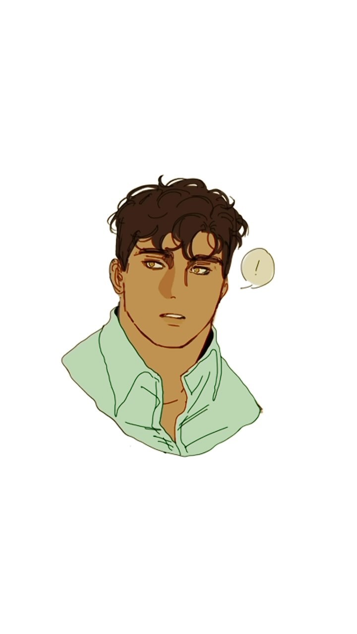 the image is a stylized portrait illustration of a young man. he has brown skin, dark curly hair, and expressive brown eyes.  he's wearing a light green buttondown shirt and has a slightly surprised or curious expression. a small thought bubble with an exclamation mark is near his head. the art style is reminiscent of anime or manga, with soft lines and a focus on expression. the background is plain white.