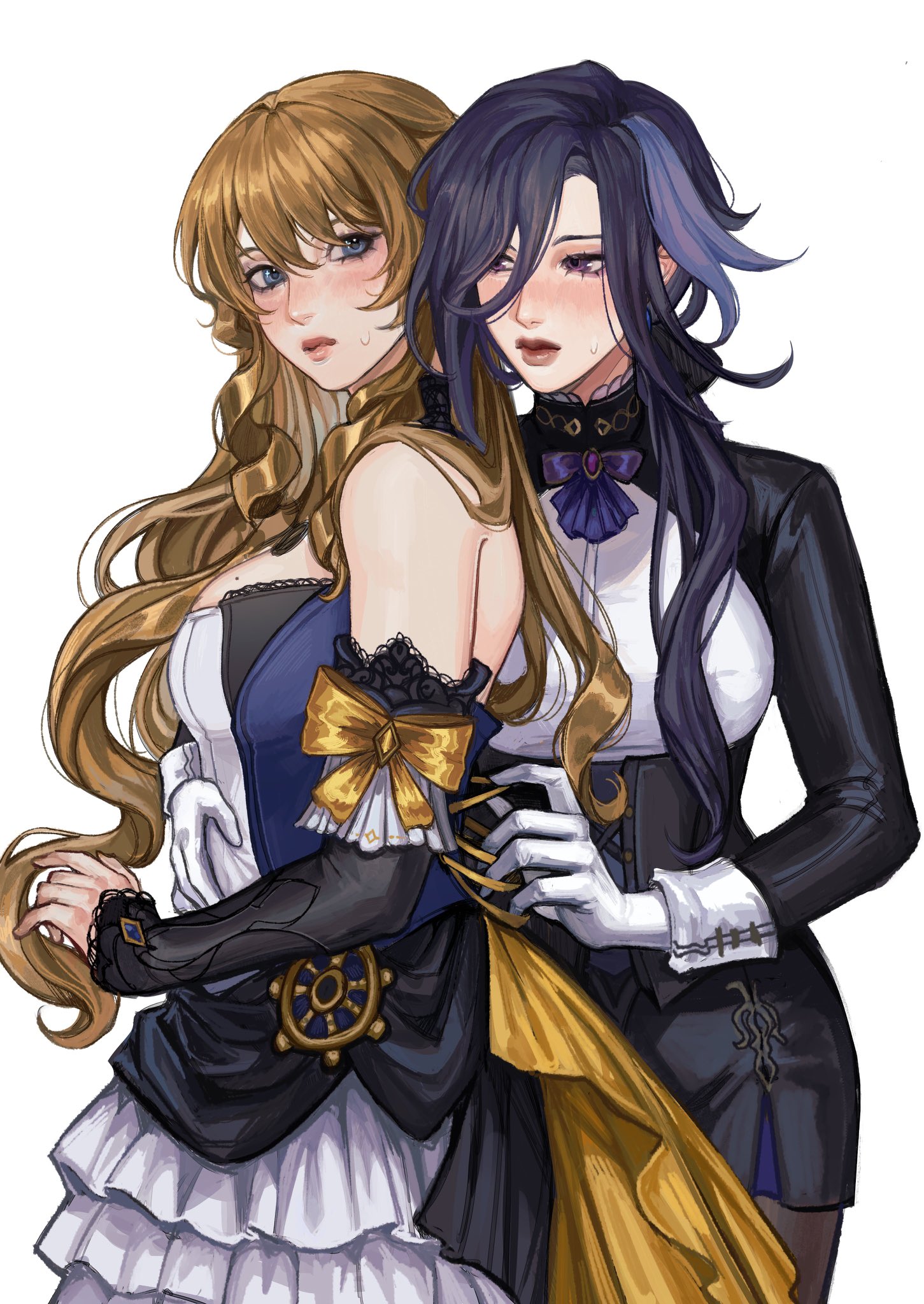 two anime girls are in a close embrace. the girl on the left is wearing a blue dress with a large gold bow and a white lace collar. she is wearing white gloves and a black bow tie. she has long blonde hair and a soft expression. the girl on the right is wearing a black dress with a white lace collar and a purple ribbon tie. she has long black hair and a dark, mysterious expression. both girls are wearing white gloves. they both appear to be very close and intimate.