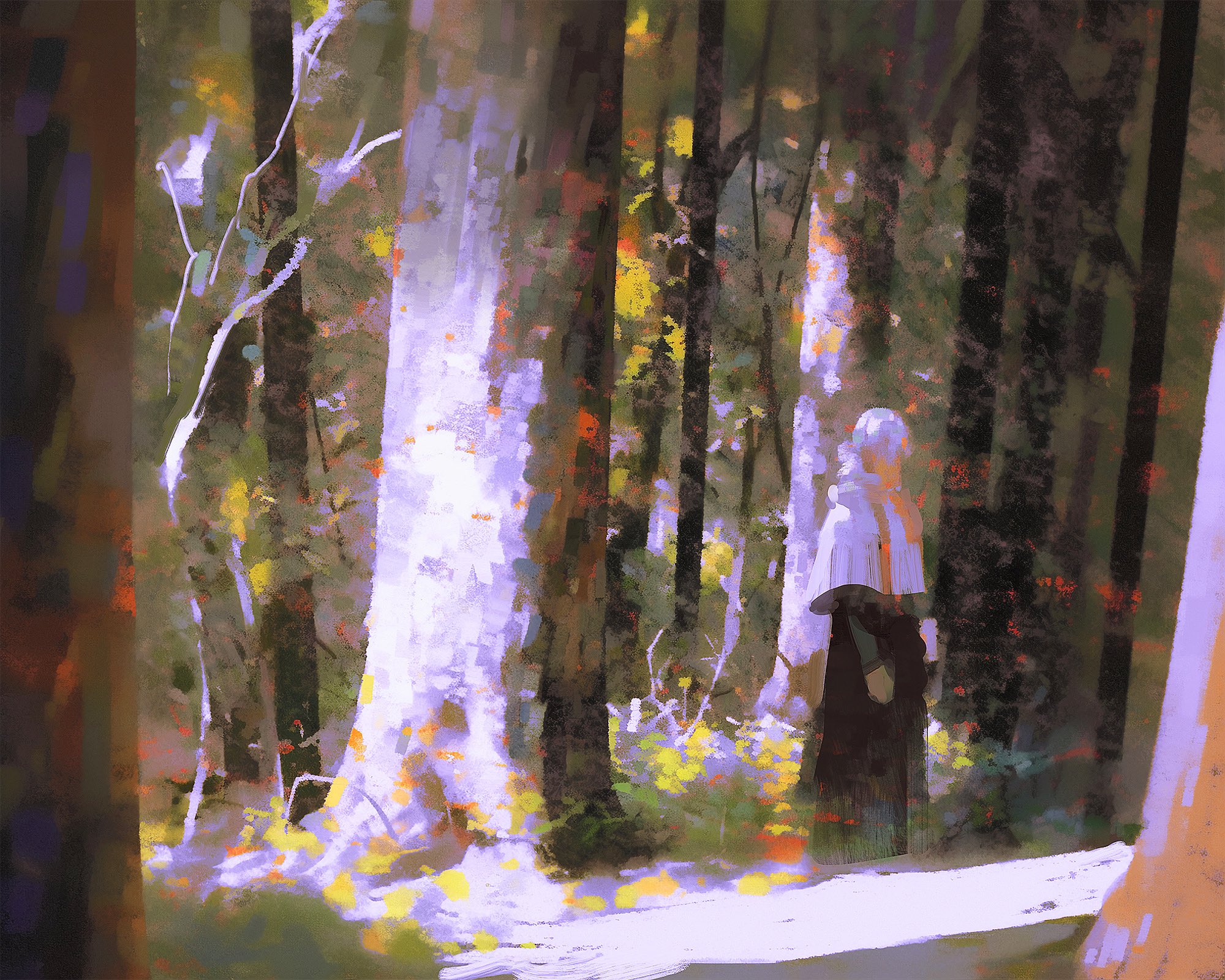 a painting of a woman walking through a forest. the forest is filled with trees and leaves, and the sunlight is dappled through the branches. the woman is wearing a white robe with a hood, and her face is obscured by the hood. the painting has a magical and mystical feel to it, and it's hard to tell if the woman is real or not. the painting is likely a digital art piece, as it has a very painterly feel.