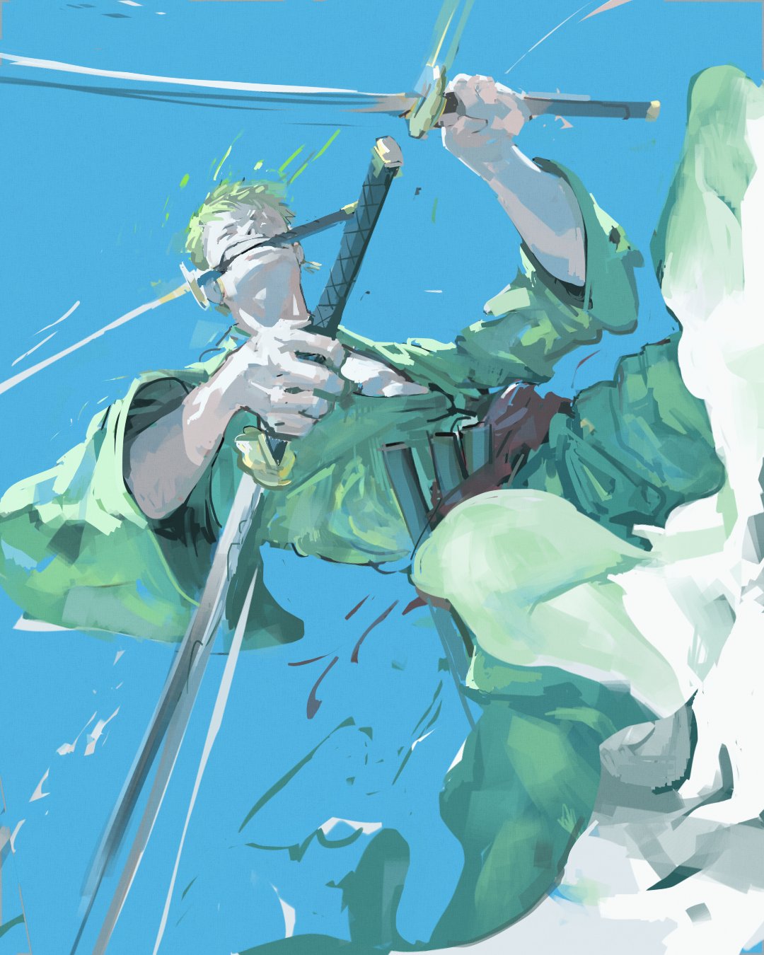 the image is an illustration of the one piece character roronoa zoro from a worm's eye view, wielding his three swords in a dynamic pose against a bright blue sky.  he is shown in midair, seemingly about to strike.  his expression is fierce and determined, with a wide grin.  the art style is loose and painterly, with visible brushstrokes.