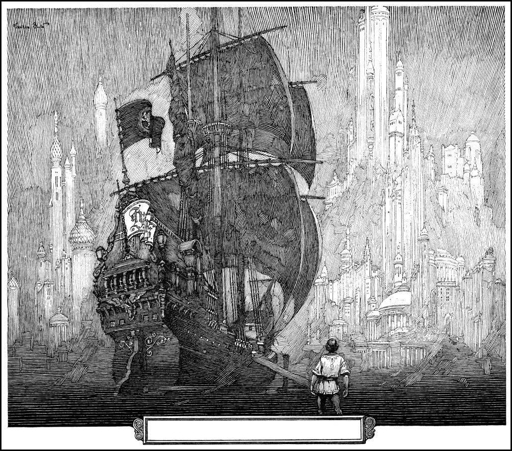 a detailed black and white illustration, possibly an engraving or etching, depicts a large sailing ship, reminiscent of a galleon or pirate ship,  anchored in a harbor before a fantastical city. the ship is intricately detailed, showing ropes, sails, and carvings.  the city in the background is an elaborate, almost dreamlike metropolis with tall towers and numerous buildings, suggesting a magical or fictional setting. a lone figure in simple clothing stands on the shore, gazing towards the ship and city, adding a sense of scale and mystery. the overall style is reminiscent of vintage or antique illustrations, possibly from a book or other publication. the image is framed with a simple border.