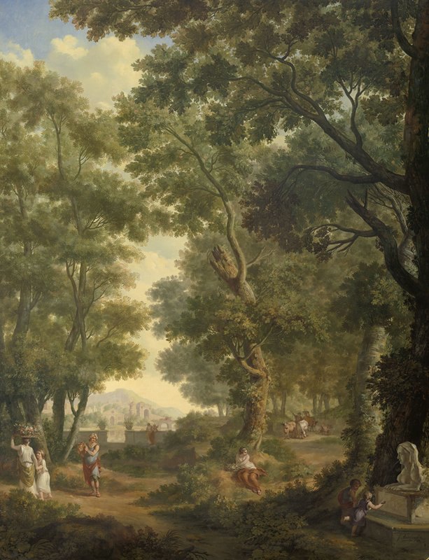 the image is a landscape painting depicting a parklike setting with trees, figures, and classical architectural elements. in the foreground, there are several individuals, including people walking, sitting, and interacting with a bust. the backdrop features lush greenery, trees, and distant ruins or classical buildings under a partly cloudy sky. the overall tone is serene and evocative of a historical, perhaps classical, era.