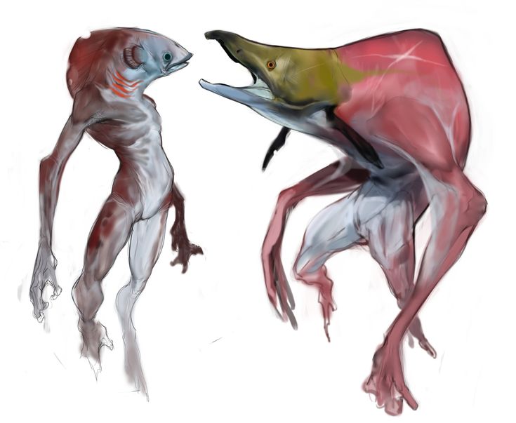 this image showcases two digital art illustrations of bizarre creatures. the first is a humanoid being with a fishlike head, and the second is a fish with a humanoid body. both are stylized in a grotesque and fantastical manner, creating a unsettling yet fascinating scene. they are rendered with intricate detail, showcasing a blend of realism and imaginative elements, making them appear both strange and somewhat disturbing.