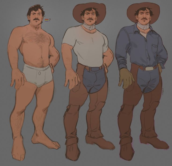 this illustration depicts a man in three stages of dressing. on the left, he is in his underwear. in the middle, he is wearing a white shirt and brown chaps over denim pants. on the right, he is dressed in a blue shirt and brown chaps over denim pants. all three figures are standing in a casual pose, with their hands on their hips. the background is a simple gray color. the man is drawn in a cartoon style, and the illustration is humorous and lighthearted.