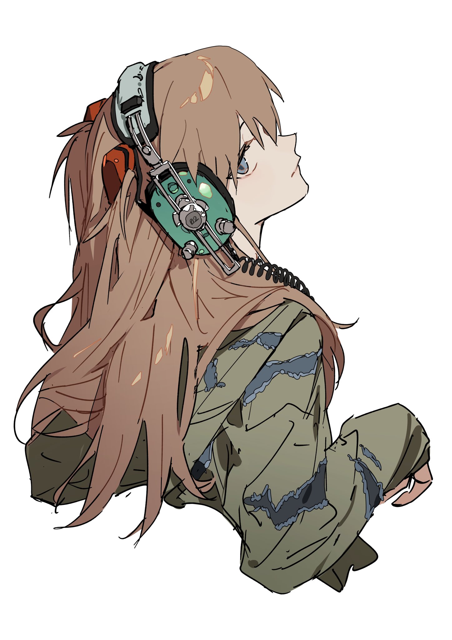 an animestyle illustration depicts asuka langley soryu from evangelion in a side profile. she gazes upwards, wearing large, vintagestyle green and silver headphones. she has long brown hair and blue eyes. asuka wears an olive green jacket with visible signs of wear and tear. a coiled black cable extends from the headphones. the background is plain white.