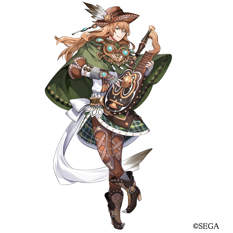 this is an illustration of a female anime character with long blonde hair, wearing a green and brown outfit, a hat and boots. she is playing a lute.