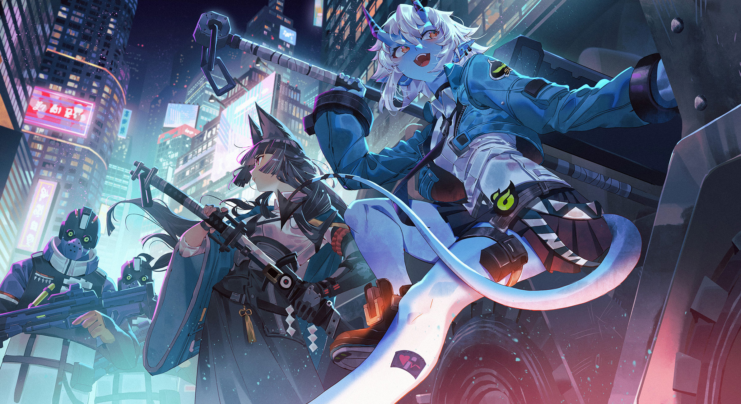 the image depicts a group of female animestyle characters in a dynamic pose against a futuristic cityscape backdrop. they appear to be soldiers or operatives, clad in tactical gear with futuristic weapons. one character sports demonlike features, including blue skin, white hair, and horns. the scene is set at night, illuminated by vibrant neon signs and dynamic lighting, creating a sense of action and intensity. the low angle shot adds to the dramatic effect, emphasizing the characters' power and determination.