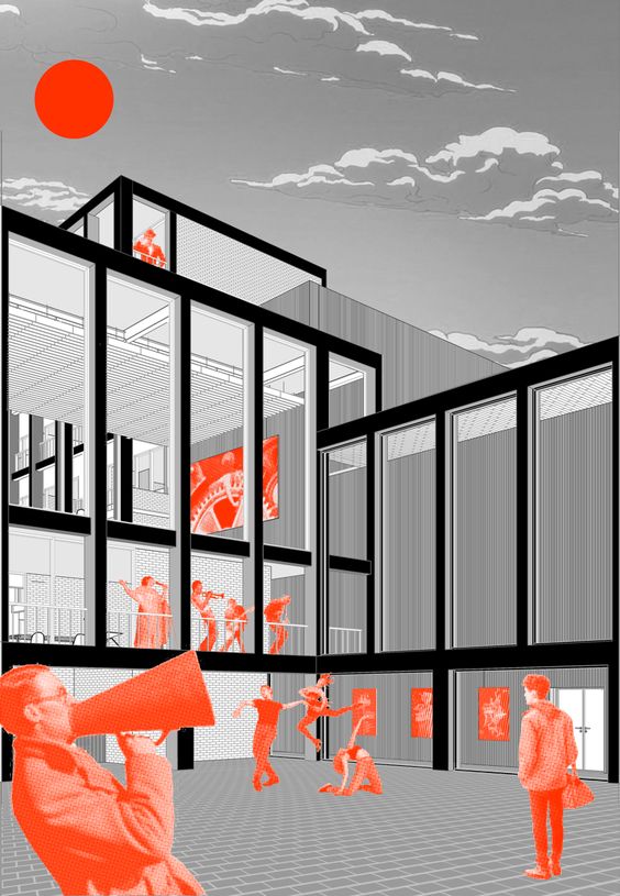 a modern building with a courtyard in the center. the building is made of glass and black steel frames. there are people walking around the courtyard and some artwork on display. there are large windows looking out onto the street and the sky. the sun is shining and there are some clouds in the sky. the image is rendered in black and white except for the red sun, the people, and the artwork. the person in the foreground is holding a megaphone.