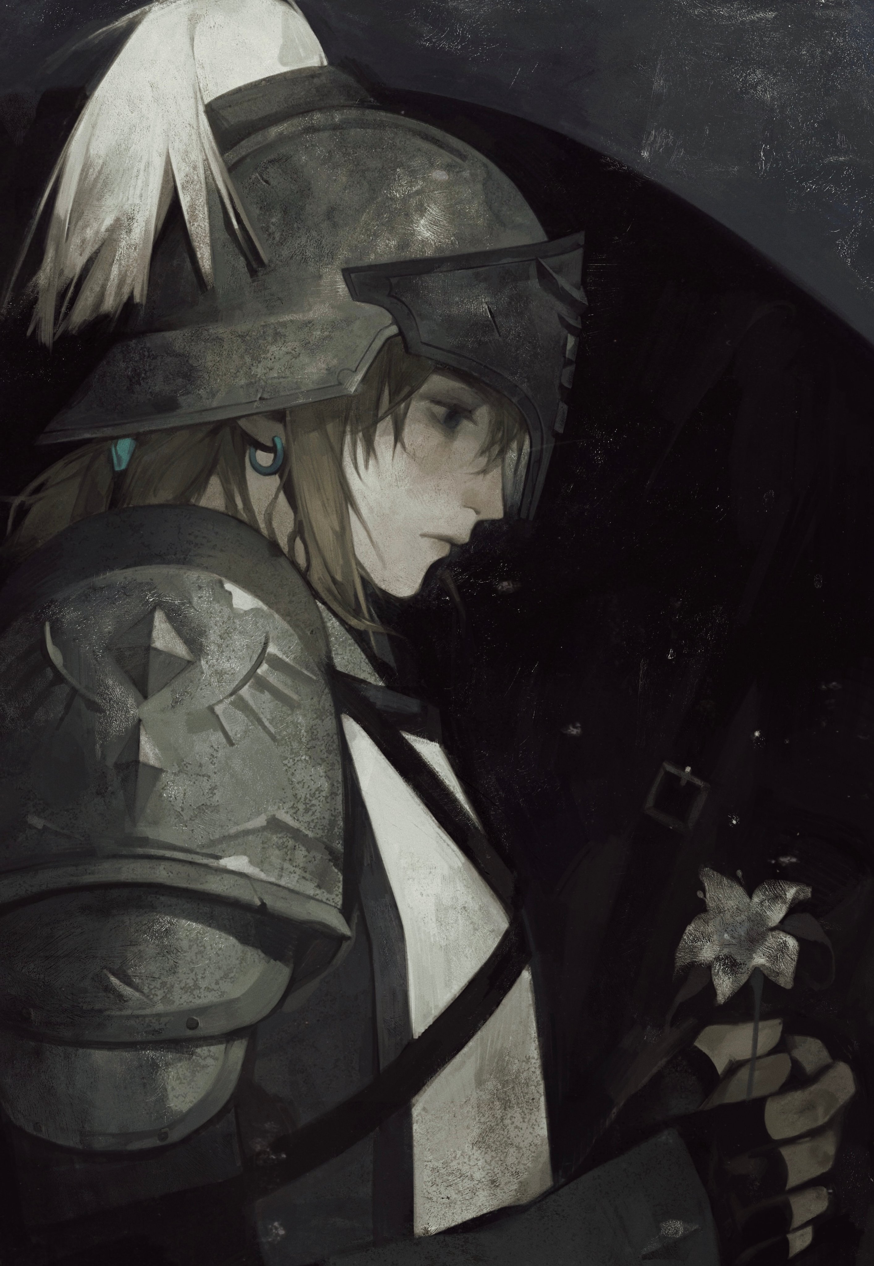 a woman warrior in armor, holding a white flower, is depicted with a sad expression against a dark background. she has a helmet on her head and appears to be in a somber mood. the image suggests a feeling of loss or sadness, and may be related to a fantasy or video game setting.