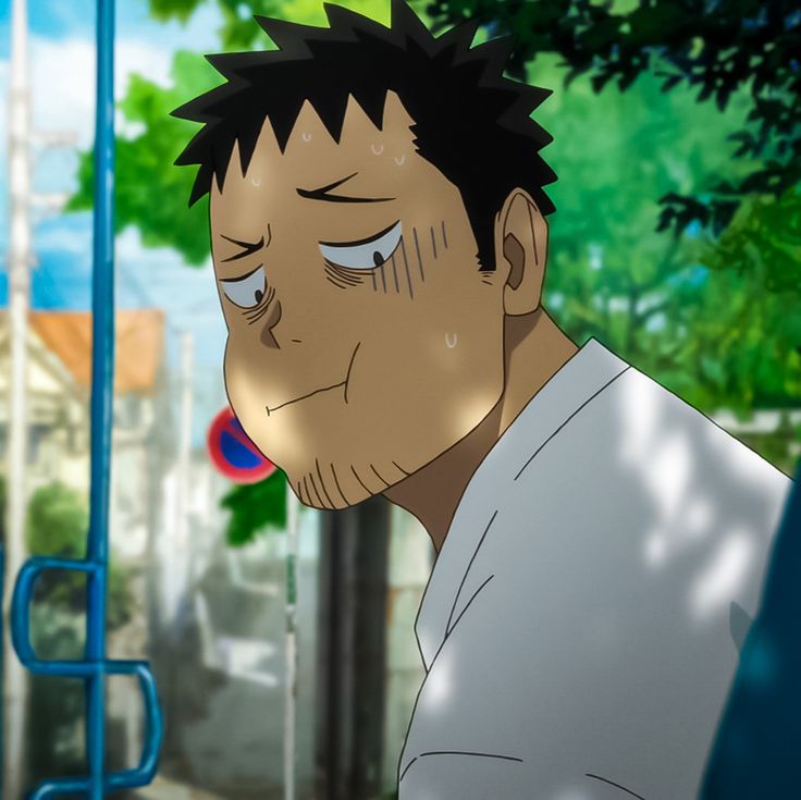 the image shows a male anime character with dark hair. he's sweating, blushing, and looking away, with a  shy expression. he is wearing a white shirt and is standing outside in a shady area with trees in the background.