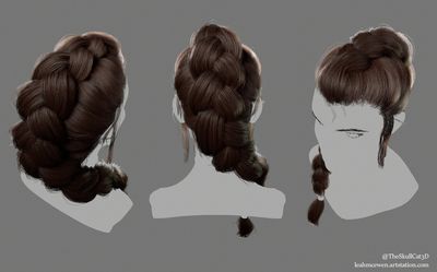 the image showcases a 3d render of a woman's hairstyle featuring a braided updo. the hair is dark brown and styled in a single braid starting from the top of the head and ending in a ponytail. the image displays three views of the same hairstyle: front, side, and back, allowing for a comprehensive understanding of the design. the backdrop is a neutral gray, highlighting the intricate details of the hairstyle. the studio lighting enhances the texture and depth of the hair, giving it a realistic appearance.