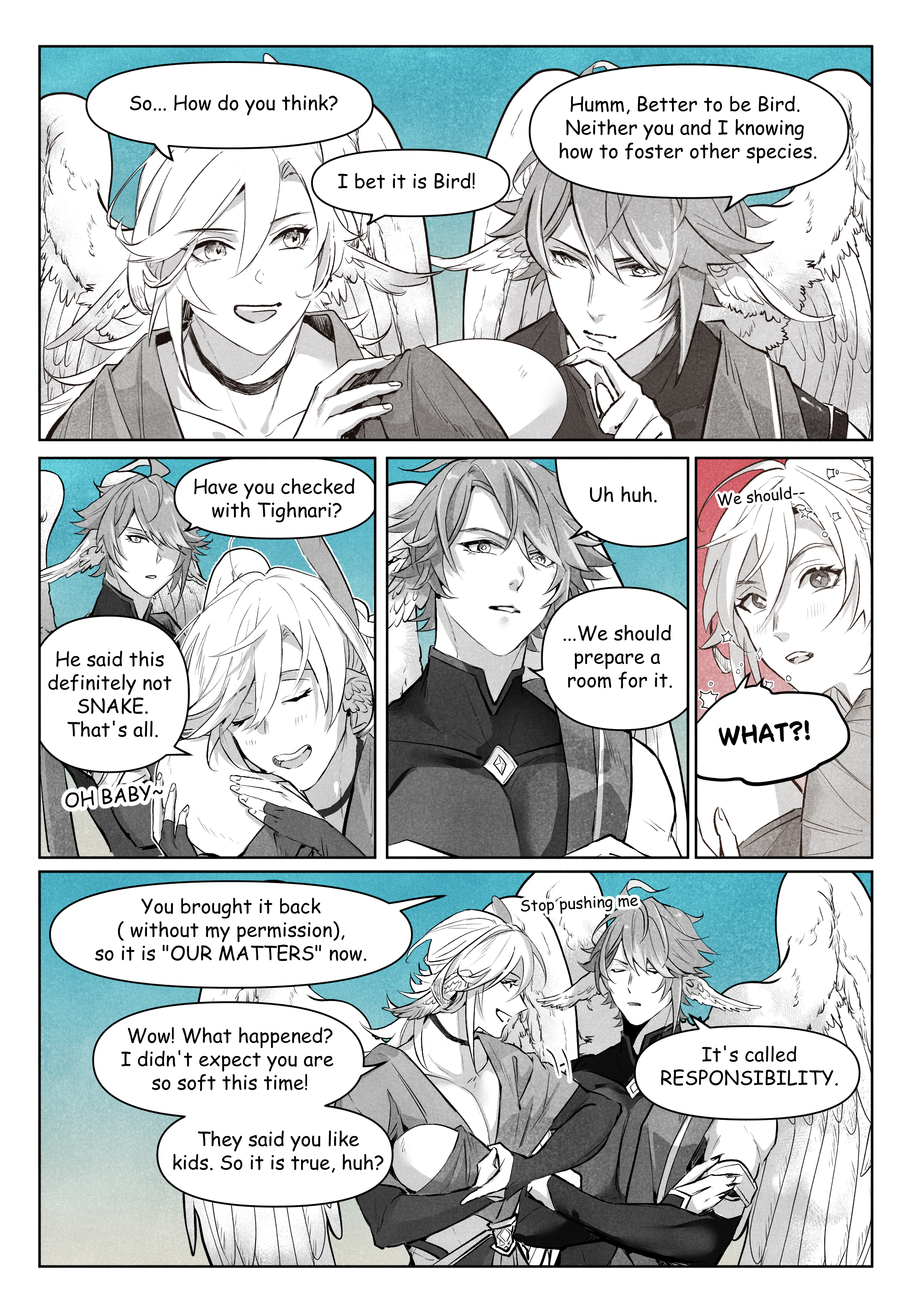 this is a comic strip featuring two animestyle male characters. the characters are engaged in a conversation, with dialogue bubbles. the characters are shown in various settings and postures, with a focus on their facial expressions and gestures. there's also a bird with wings in the background.