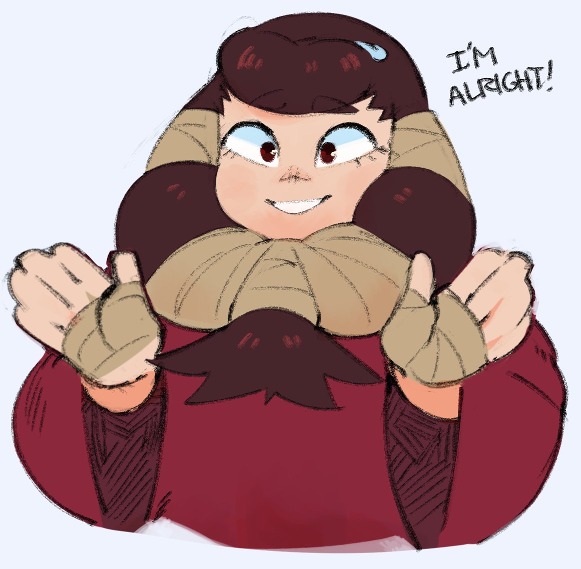 this is a digital illustration of a cartoon woman. she has brown hair, is wearing a red shirt, and has bandages around her wrists. she is smiling with her thumbs up and has a speech bubble above her head that says "i'm alright!".