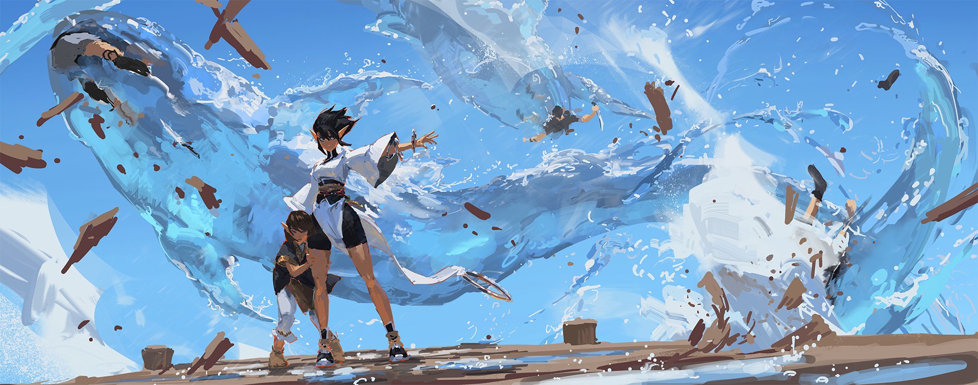 the image is a vibrant digital painting depicting a fantasy scene. a young woman with elflike ears, wearing a flowing white and darkcolored kimonostyle dress, stands on a wooden dock amidst a dramatic splash of water. the water appears to be magically manipulated, swirling around her and engulfing several other figures who seem to be partially submerged or swept away. the style is highly dynamic, with expressive brushstrokes and a focus on capturing the movement of water and the characters. the overall atmosphere is mystical and powerful, suggesting a magical event or struggle with the elements. the background is a clear blue sky. the colors are bright and intense, contrasting the dark hair and clothing of the main character.