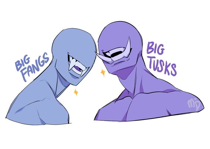 the image depicts a digital illustration of two cartoon characters. the character on the left is blue and has large fangs, the character on the right is purple and has large tusks. they are both smiling at each other. the character on the left is labeled "big fangs" and the character on the right is labeled "big tusks". both characters are humanoid but have monster features.