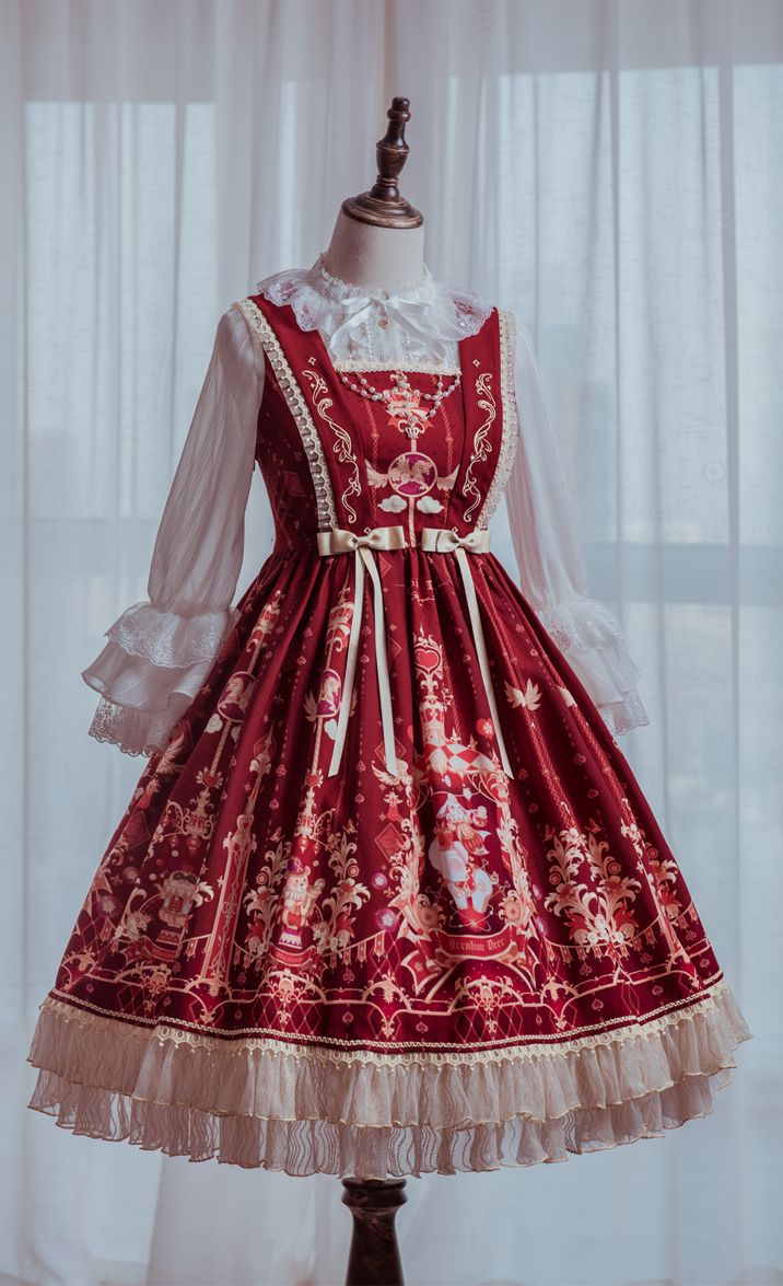 a fulllength photo of a red lolita fashion dress on a mannequin in front of a window.  the dress is aline and features a red, white, and gold print with lace trim.  the dress also features a square neckline and a bow at the waist.  the mannequin is wearing a white blouse underneath the dress. the background is a white wall and a window with natural light coming through.