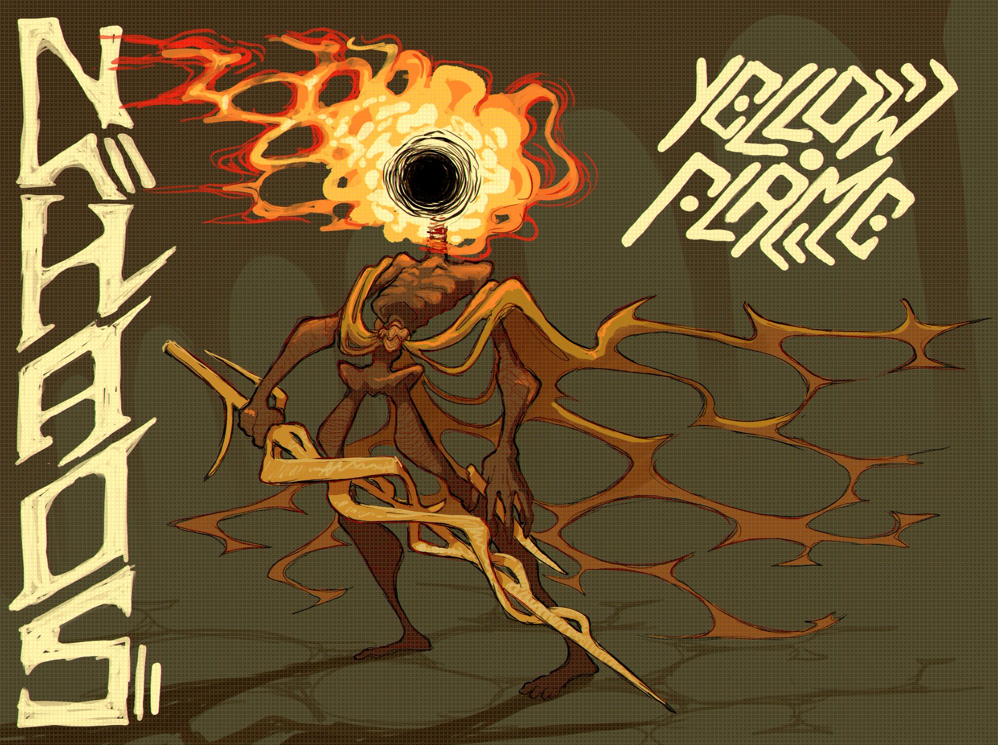 a digital drawing of a fantasy character, "yellow flame," engulfed in flames from the neck up. the character wields a golden sword and wears a tattered, flowing cape. the background is a dark, muted green. the art style is cartoonish and exaggerated, emphasizing the character's fiery nature.  the character is presented in a dynamic pose, suggesting movement and power.