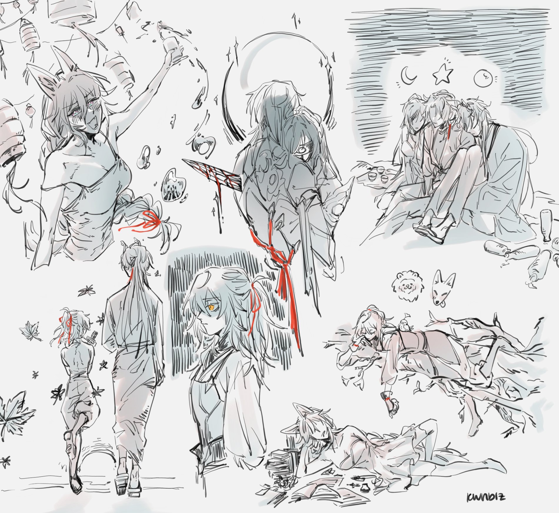 this is a black and white sketch of a group of anime characters. there are a few people sitting at a table outdoors, with a full moon in the sky. the characters are drawn in a cute, elegant style, with long hair and flowing clothing. one character is drawn with red hair, and a red ribbon. there is a man in a kimono, standing in the middle of the page. another girl with long hair is standing in the foreground, looking out at the viewer. the other characters in the drawing are interacting with each other, enjoying each other's company. the overall mood of the drawing is peaceful and happy, reflecting the beauty of friendship.