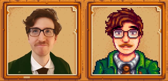 the image shows a sidebyside comparison of concernedape (eric barone), the creator of stardew valley. on the left is a reallife photograph of him, and on the right is a pixel art portrait of him in the style of stardew valley. both images show him wearing glasses, a mustache, and a green jacket.  the images are framed in a style consistent with the game's aesthetic.