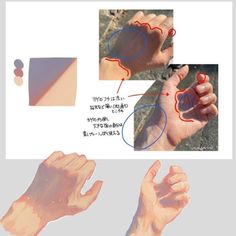 the image is an art tutorial featuring a hand drawn in various perspectives with accompanying photo references of a real hand for shadow placement.