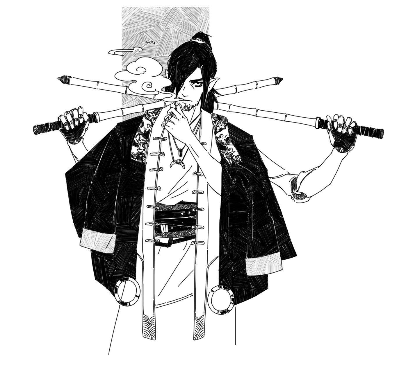 the image is a detailed black and white line drawing of a stylized male character, possibly an elf or animeinspired figure. he has long dark hair pulled back, pointed ears, and is wearing a long, ornate jacket or kimono over a lighter undergarment. a belt with intricate detailing is visible.  he holds two long staffs or possibly bo staffs across his shoulders with both hands, in a relaxed yet poised manner. one arm is slightly more visible behind his back. he appears calm and contemplative, smoking something from a pipe or similar object.  the style is artistic and highly detailed, incorporating varied line weights and crosshatching for shading and texture. the background is a simple grey textured panel.  the overall mood is both sophisticated and mysterious.