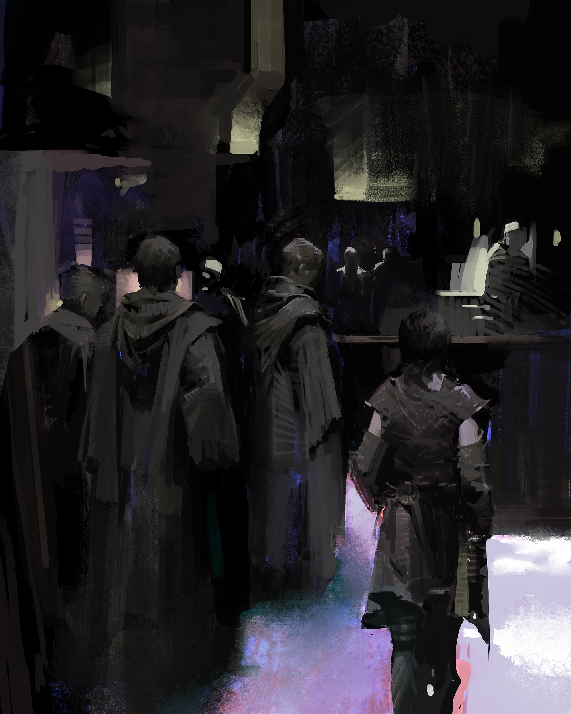 this image portrays a group of cloaked figures standing in a dark and mysterious alley. the shadows are deep, making it difficult to see their faces or features clearly.  the setting is likely at night or in a dimly lit space. the image evokes a sense of secrecy, mystery, and danger.  the composition is dramatic, with the figures appearing to be lurking in the shadows.  the overall feeling of the image is one of intrigue and anticipation.