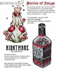 the image showcases two illustrated potion bottles with descriptions of their effects. on the left, a skullshaped bottle filled with a murky liquid and adorned with mushrooms is labeled "potion of decay." the text details its crafting process and potent effects, including necrotic damage and corpse decay. on the right, a more traditional bottle filled with a red liquid and numerous eyes is labeled "nightmare in a bottle." the description highlights its use as a prank among tavern patrons, inducing vivid nightmares in those who consume it.