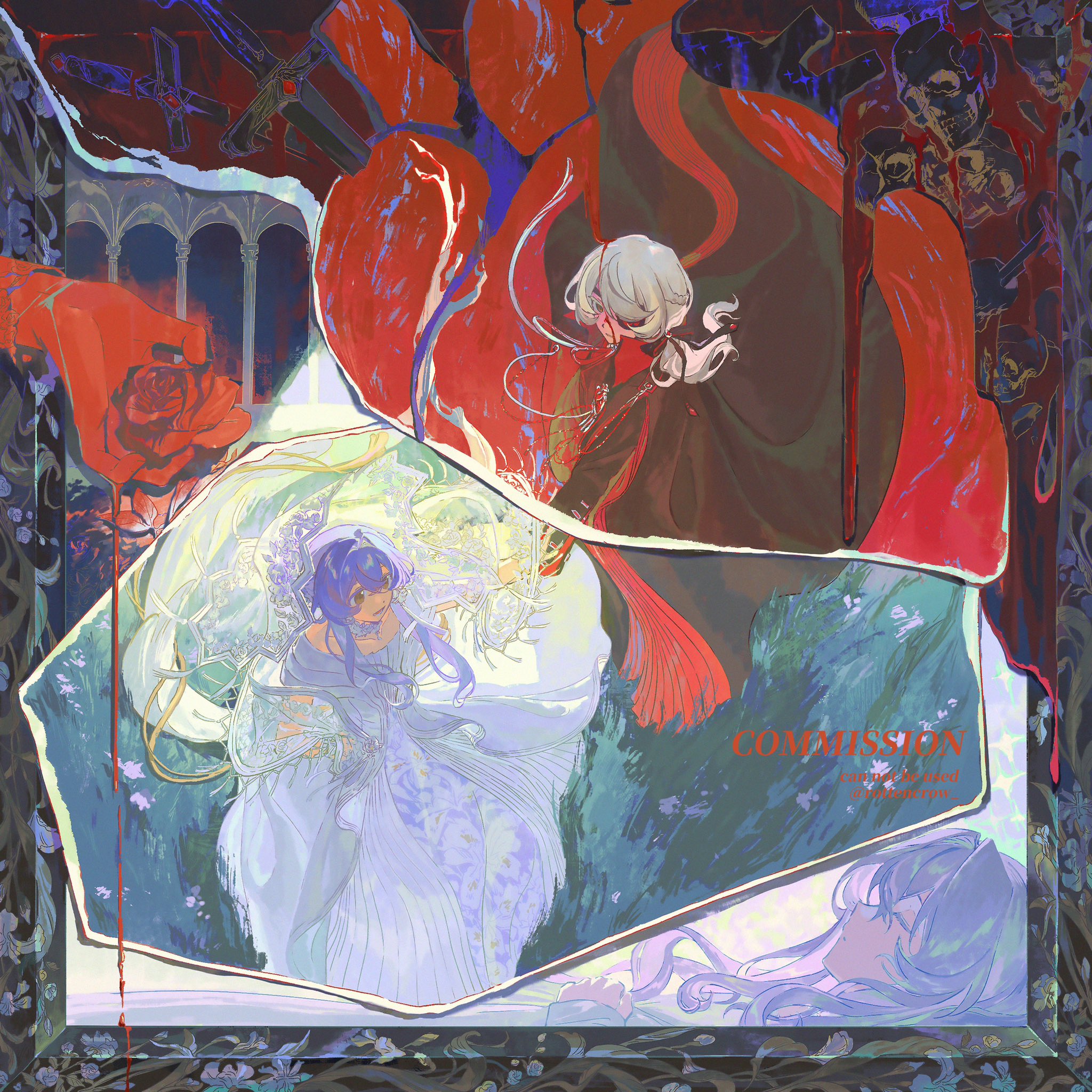 the image features a collage of anime girl portraits with a torn paper effect. one of the girls is in red clothing and looks to be pointing a sword, while another in a white dress appears to be floating. the background features a mix of colors and imagery, including flowers, leaves, and a rose. the text "commission" is written on the bottom right, indicating that this is a commissioned piece of art.