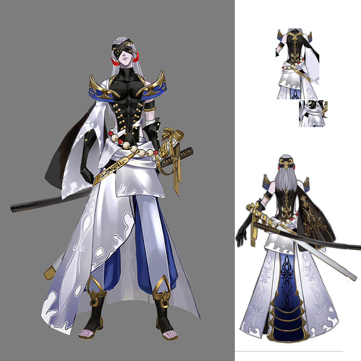 a female warrior in a white and blue samurai outfit, with her long silver hair tied back. she is wearing a black breastplate with gold accents. she is holding a sword in her right hand and another sword behind her in her left hand. she is wearing a blindfold over her right eye and a headband. she is wearing boots with gold accents and a black strap around her left leg. the background is grey. the image shows a closeup of the character, with a zoomedout view of the character on the right. the image is a concept art for a character in a video game.