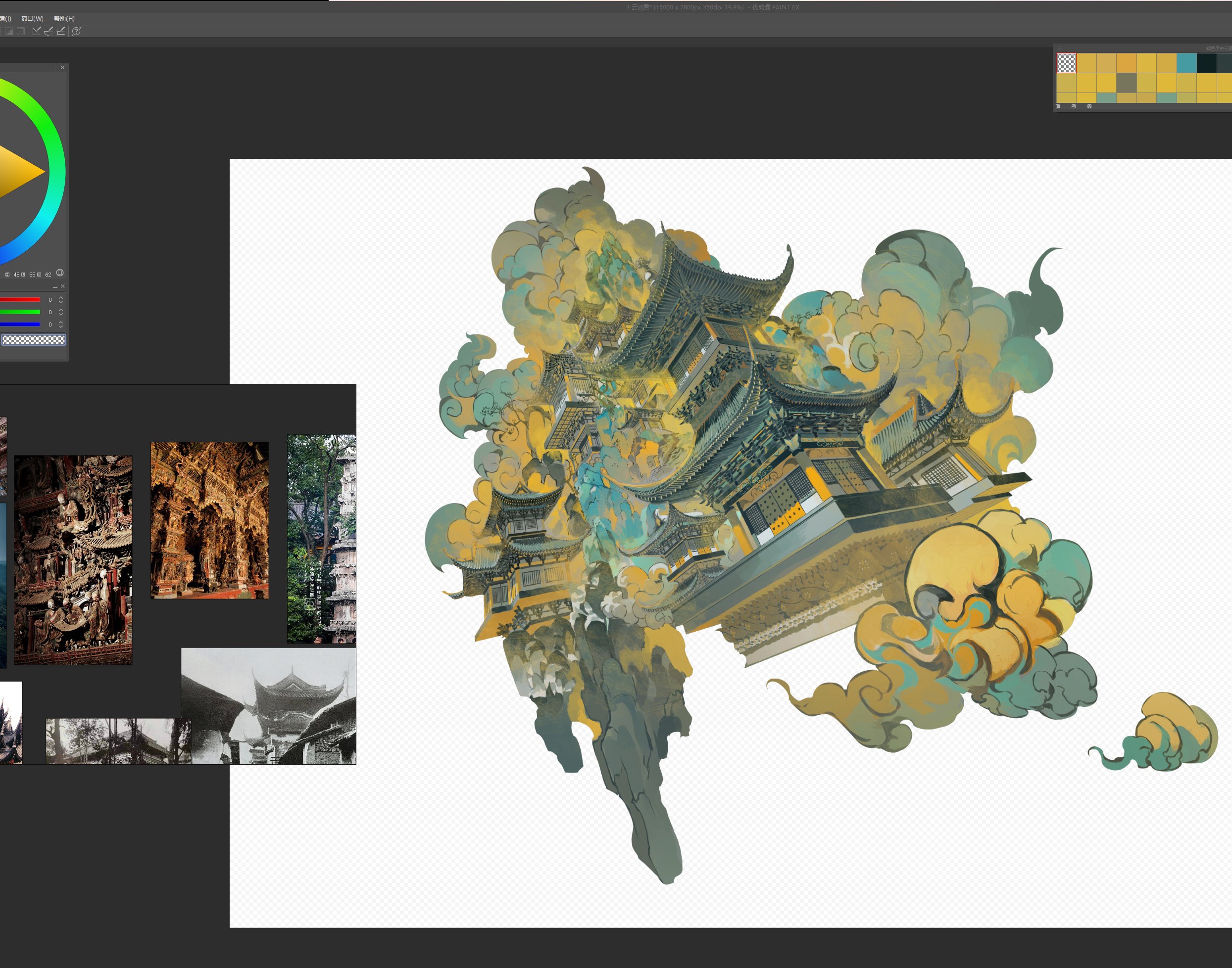 a digital painting of a multitiered, pagodastyle temple, seemingly suspended in the air amidst swirling clouds and ethereal light. the style is evocative of traditional asian art, with a focus on intricate details and a harmonious color palette dominated by gold, teal, and earthy tones. the temple's architecture is ornate, featuring curved roofs, elaborate balconies, and delicate decorations. surrounding the temple, stylized clouds in shades of teal and yellow create a sense of movement and otherworldliness.  the overall atmosphere is one of serenity, mystery, and spiritual significance.