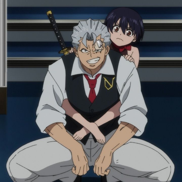 a muscular, greyhaired man with a scar over his eye crouches in a locker room with his arms crossed and a menacing grin. he is wearing a black vest over a white shirt and tie. a small girl with short black hair peeks out from behind him, her expression a mix of fear and concern. she is wearing a red dress. the image is drawn in an anime style, with bold lines and bright colors.