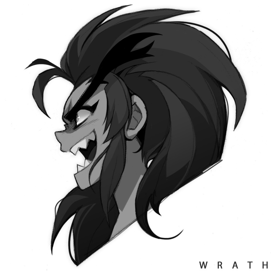 a black and white drawing of a young man with long, spiky hair. he is baring his teeth in a fierce snarl, and his eyes are narrowed in anger. the word "wrath" is written in capital letters below his chin.
