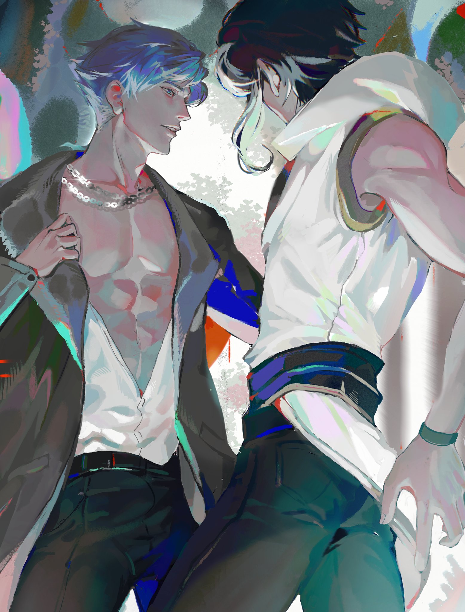 the image shows two anime boys. one of them is in a black jacket, and the other one is wearing a white shirt and pants. they are standing close to each other and looking into each other's eyes. both of them are looking a bit serious. they are both