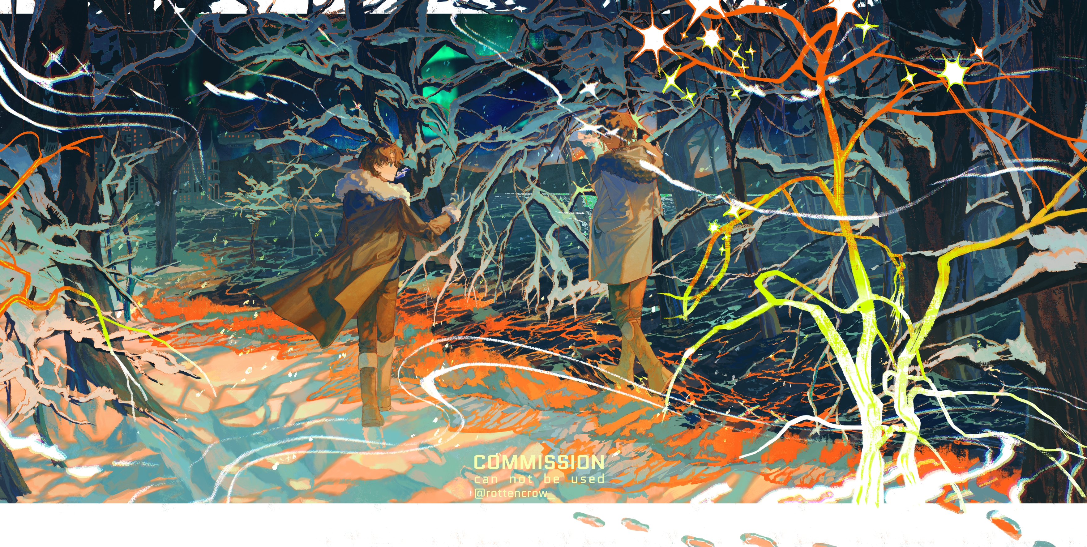 this digital painting depicts a fantasy scene. two people, a man and a woman, are walking through a magical, snowcovered forest. the trees glow in the darkness, and the air is filled with sparkling stars. the couple holds hands, and their faces are illuminated by the light of the trees. this art is full of wonder and enchantment, inviting the viewer to imagine the adventure that awaits them in this magical world. the vivid colors and textures add to the sense of whimsy and delight.