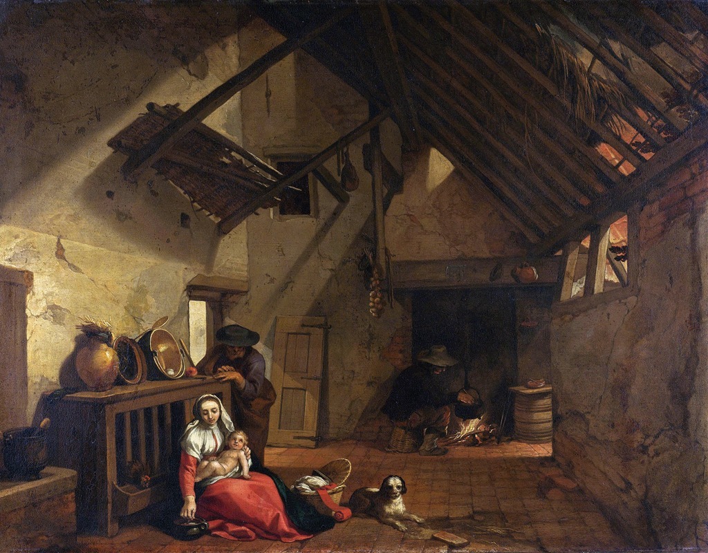 the painting depicts a rustic cottage interior scene with a family. a woman sits on the floor in a red dress, holding a baby. a man stands near a wooden structure with pots and pans on top. another man is by the fireplace, seemingly cooking. a dog lies on the tiled floor. the scene is lit with natural light casting strong shadows, highlighting the aged and worn textures of the building's walls, wooden beams, and tiled roof. there are chickens beneath the table.