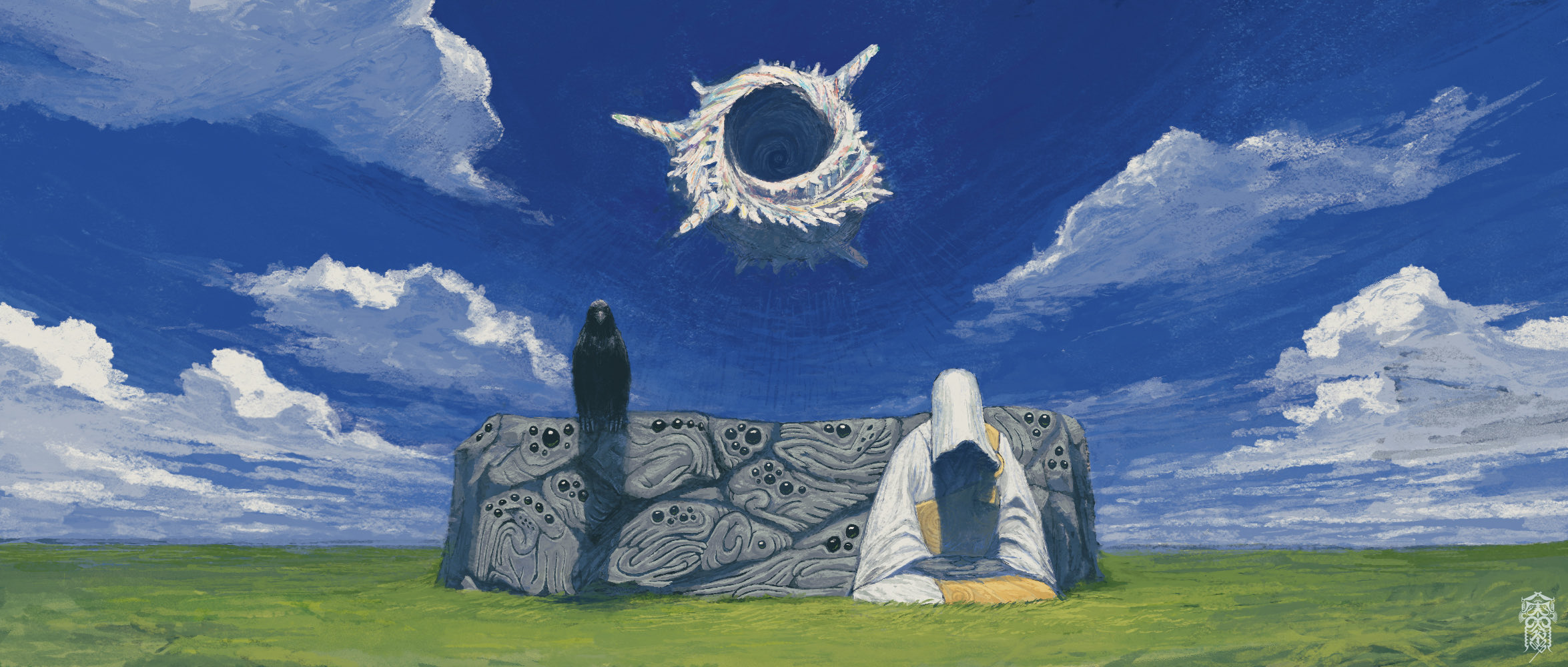 a digital painting depicts a surreal scene with a bright blue sky filled with fluffy white clouds. in the foreground, there's a flat green field. an altarlike structure with numerous carvings, including many eyes, is centered in the image. a large, black crow sits perched on the altar's left side. a figure wearing a white robe sits in meditation on the altar's right side. above, a strange, floating object resembling a swirling vortex hangs in the sky. the overall style has a fantasy art feel.