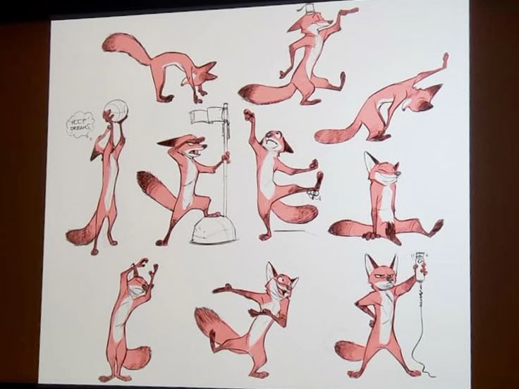 the image displays a character design sheet with multiple sketches of an anthropomorphic fox in various poses and expressions. the sketches appear to be from an animation project or visual development, exploring different ways the fox character can move and emote. the fox is depicted standing, dancing, bending, sitting, and interacting with props like a ball, a pedestal, and an electrical device. the artwork has a lively and expressive style.