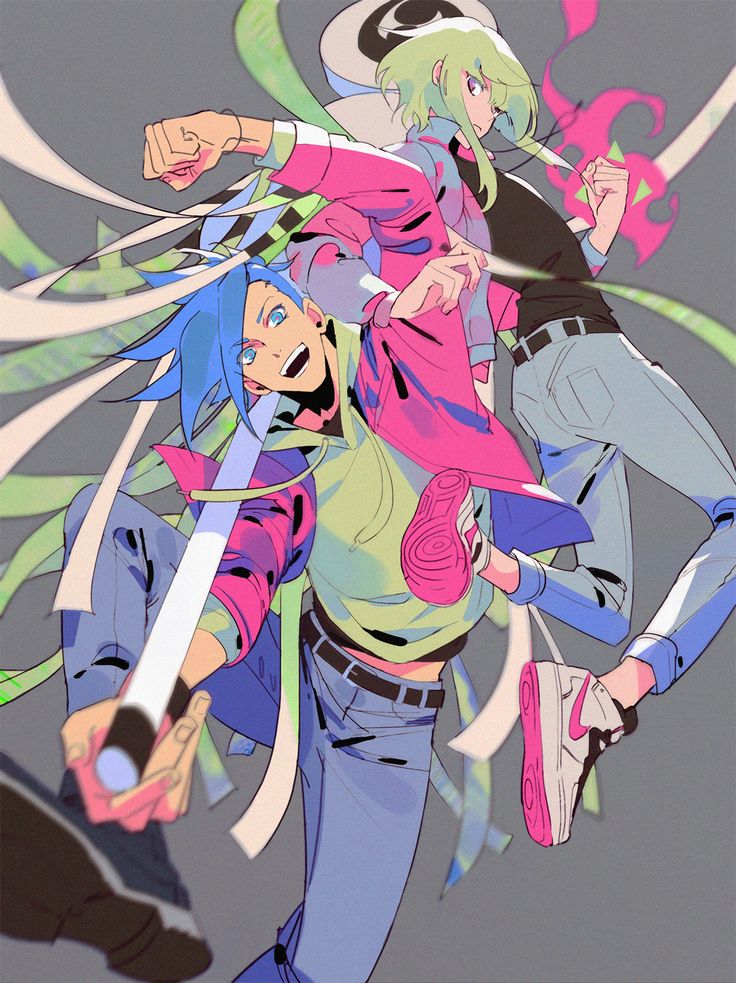 the image is a vibrant and dynamic digital illustration in an anime/manga style. it depicts two characters in a seemingly energetic, possibly fighting or actionoriented pose.  the male character has bright blue hair and is wearing a light green top and blue jeans. the female character has light green hair, and wears a pink jacket and light blue jeans.  both characters are depicted in motion, with flowing lines and ribbons suggesting movement and energy. the color palette is heavily saturated, using bright pinks, blues, and greens, creating a neonlike effect. the art style is highly stylized with simplified forms and bold lines. the overall feeling is youthful and exciting.
