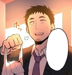 a closeup illustration of a man with short brown hair and stubble wearing a suit and tie. he is smiling brightly and holding a white bag in his hand, seemingly pleased with himself. the setting appears to be indoors, possibly an office or home, and the lighting is warm and inviting. the man's happy expression suggests he is content and in a positive mood.