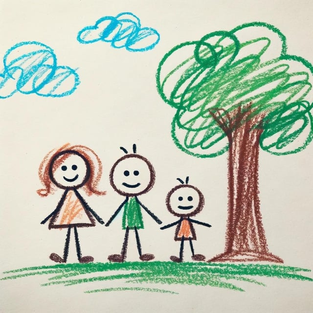 the image is a simple, childlike crayon drawing of a family of three standing in the grass near a tree. the family consists of a mother, father, and a child holding hands. the background features stylized blue clouds and a bright green tree. the drawing uses bold outlines and bright colors to depict a happy and carefree scene.