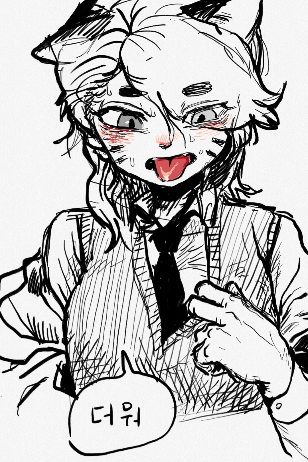 a black and white anime drawing of a girl with cat ears. she is blushing and sticking her tongue out. she is wearing a collared shirt with a tie and has one hand on her chest and the other in her lap. there is a speech bubble above her with korean writing in it.  the image is drawn in a stylized manga style with heavy black lines.